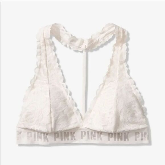 Victoria's Secret Pink Lace T-Strap Logo Bralette in Ivory Size Small - Picture 12 of 14
